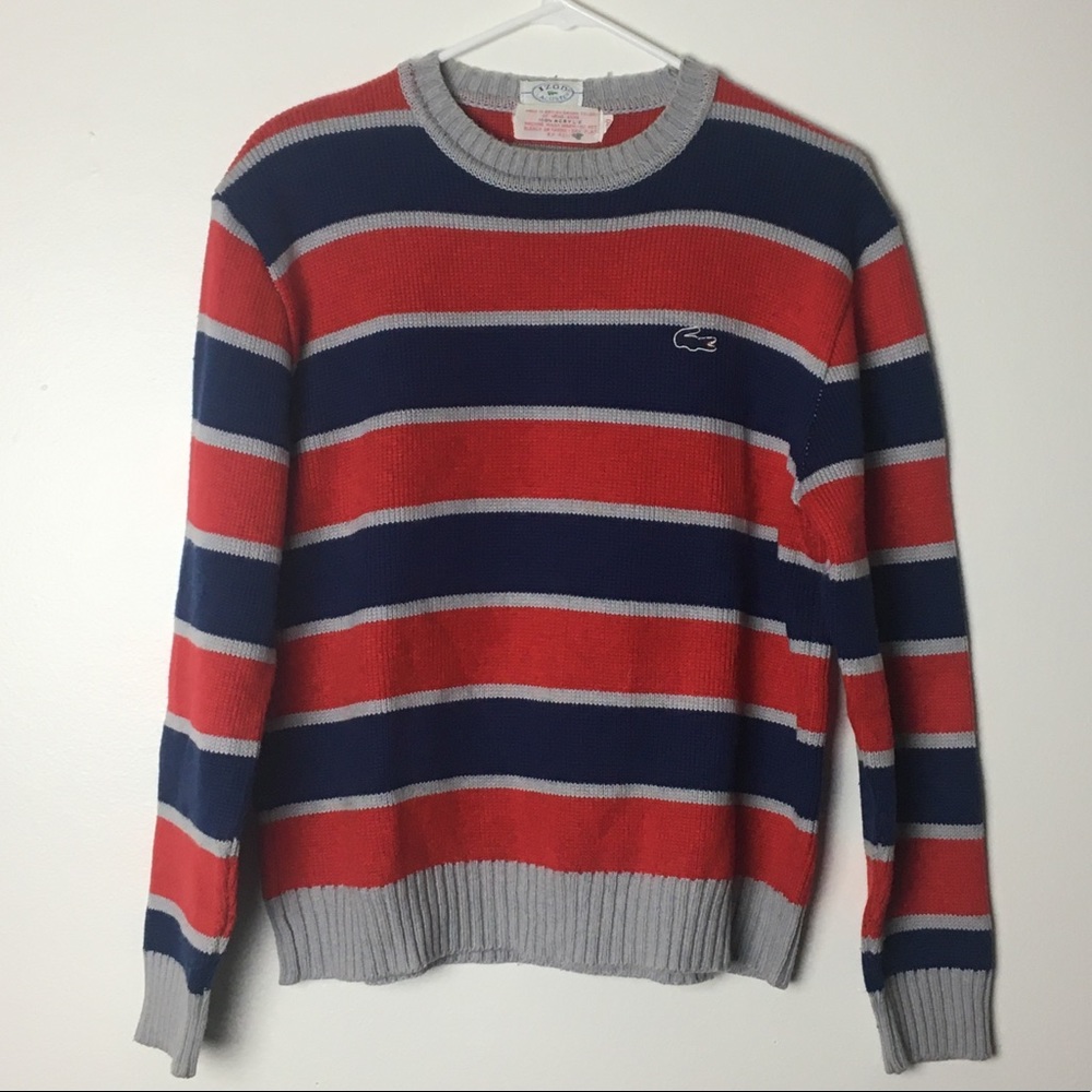 Vintage Izod Lacoste Red Blue Grey Stripe Sweater